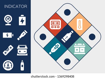 indicator icon set. 13 filled indicator icons.  Collection Of - Thermometer, Speedometer, Level, Battery, Meter