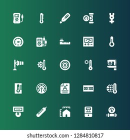 indicator icon set. Collection of 25 filled indicator icons included Manometer, Voltmeter, Metering, Thermometer, Score, Measurement, Temperature, Windsock, Meter, Performance