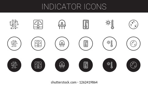 indicator icons set. Collection of indicator with ph, voltmeter, diode, temperature, thermometer, mercury. Editable and scalable indicator icons.