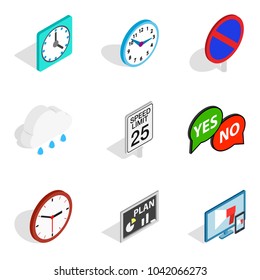 Indicator icons set. Isometric set of 9 indicator vector icons for web isolated on white background