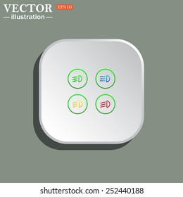 Indicator lights on the car dashboard, dipped beam, main beam, fog lights, brake, rear fog lights. vector illustration, EPS 10