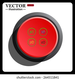 Indicator lights on the car dashboard, dipped beam, main beam, fog lights, brake, rear fog lights Red button start, stop. , icon, vector illustration. Flat design style 