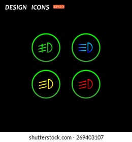 Indicator lights on the car dashboard, dipped beam, main beam, fog lights, brake, rear fog lights. icon. vector design