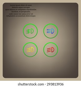 Indicator lights on the car dashboard, dipped beam, main beam, fog lights, brake, rear fog lights. icon. vector design