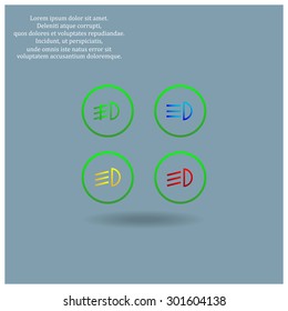 Indicator lights on the car dashboard, dipped beam, main beam, fog lights, brake, rear fog lights. icon. vector design