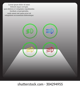 Indicator lights on the car dashboard, dipped beam, main beam, fog lights, brake, rear fog lights. icon. vector design