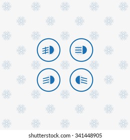 Indicator lights on the car dashboard, dipped beam, main beam, fog lights, brake, rear fog lights. icon. vector design background with snowflakes