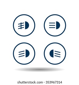 Indicator Lights On The Car Dashboard, Dipped Beam, Main Beam, Fog Lights, Brake, Rear Fog Lights Icon, Vector Illustration. Flat Design Style