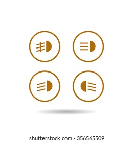Indicator lights on the car dashboard, dipped beam, main beam, fog lights, brake, rear fog lights icon, vector illustration. Flat design style