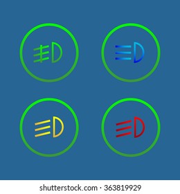 Indicator lights on the car dashboard, dipped beam, main beam, fog lights, brake, rear fog lights. icon. vector design