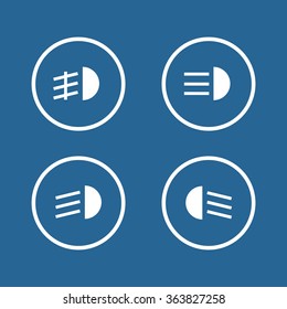 Indicator lights on the car dashboard, dipped beam, main beam, fog lights, brake, rear fog lights icon, vector illustration. Flat design style