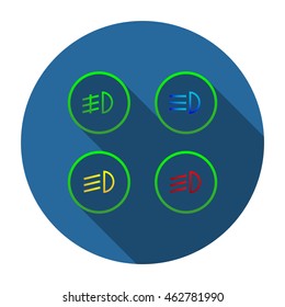 Indicator lights on the car dashboard, dipped beam, main beam, fog lights, brake, rear fog lights icon flat design style