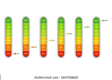 Indicator of meter with percentage units isolated on transparent background. Vertical level bar of energy efficiency. Concept of slide infographic. Ruler, speedometer, diagram for measurement. Vector.