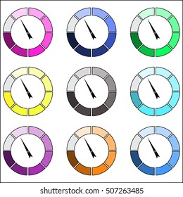 Indicator round color set. Index pointer arrow, measure and performance indicators. Vector illustration