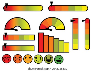 Escala de indicadores.Diagrama de la clasificación.a barra de degradado verde y rojo.Infografía o elemento de presentación.Medidor con nivel de progreso.Regla baja y alta.Ilustración vectorial de diseño plana.Signo, símbolo, icono.