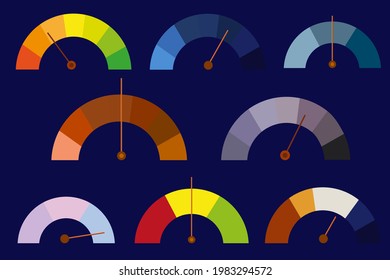 Indicator temperature gauge with arrow and dial set. Colored measuring semicircle scale. Dashboard for measuring performance and level. Process control with pointer and diagram. Vector illustration 