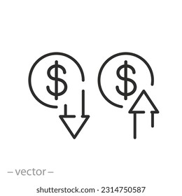 indicators of the financial crisis icon, up down arrows, growth loss dollar, line symbol on white background - editable stroke vector illustration eps10