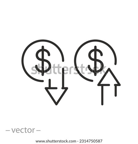 indicators of the financial crisis icon, up down arrows, growth loss dollar, line symbol on white background - editable stroke vector illustration eps10