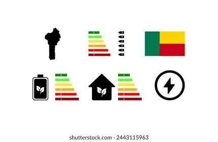 Indicators of life in Benin. Outline map, green energy, house letter rating. National flag of Benin. Flat vector icons
