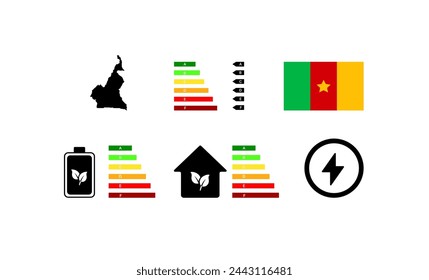 Indicators of life in Cameroon. Outline map, green energy, house letter rating. National flag of Cameroon. Flat vector icons