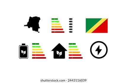 Indicators of life in Congo. Outline map, green energy, house letter rating. National flag of Congo. Flat vector icons
