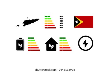 Indicadores de vida en Timor Oriental. Mapa de esquema, energía verde, calificación de la letra de la casa. Bandera nacional de Timor Oriental. Iconos vectoriales planos