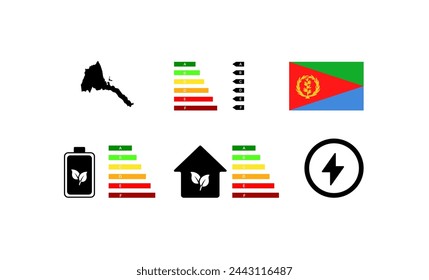 Indicators of life in Eritrea. Outline map, green energy, house letter rating. National flag of Eritrea. Flat vector icons