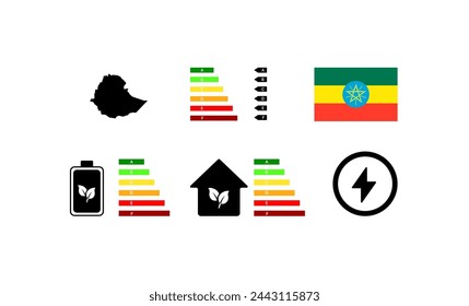 Indicators of life in Ethiopia. Outline map, green energy, house letter rating. National flag of Ethiopia. Flat vector icons