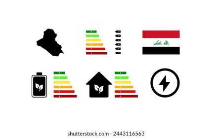 Indicators of life in Iraq. Outline map, green energy, house letter rating. National flag of Iraq. Flat vector icons