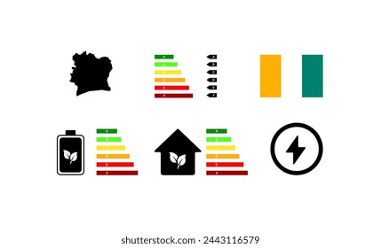 Indicadores de vida en Irlanda. Mapa de esquema, energía verde, calificación de la letra de la casa. Bandera nacional de Irlanda. Iconos vectoriales planos