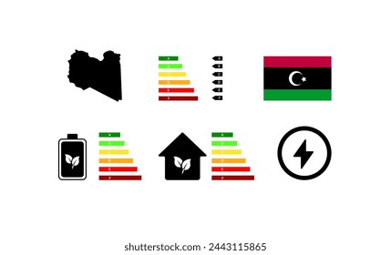 Indicators of life in Libya. Outline map, green energy, house letter rating. National flag of Libya. Flat vector icons