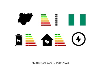 Indicators of life in Nigeria. Outline map, green energy, house letter rating. National flag of Nigeria. Flat vector icons