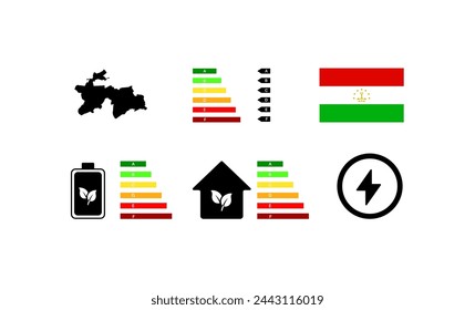 Indicators of life in Tajikistan. Outline map, green energy, house letter rating. National flag of Tajikistan. Flat vector icons