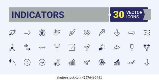 Indicators linear icon collection. Featuring cursor, play, icon, orientation, forward, way and more. Thin outline icons pack. Vector outline and solid icons collection.