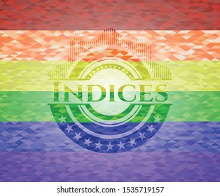Indices emblem on mosaic background with the colors of the LGBT flag