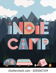 Indie camp invitation poster in tribal style. Editable vector illustration