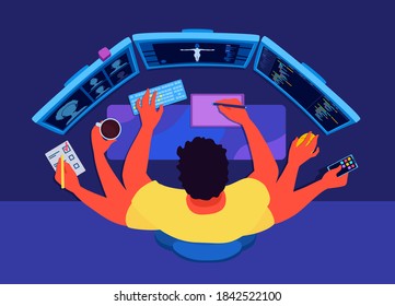 An indie developer  programmer and many hands doing all work by himself  A freelancer working at home  drawing  programming video game  A multitasking concept  A view from above  