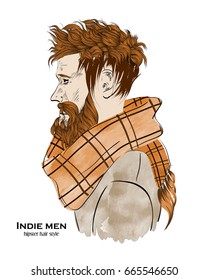 Indie fashion men. Hipster hair style design on white background