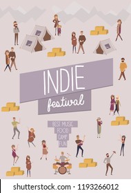 Indie festival poster with people walking, buying meals, taking photo, talking to each other, fun and dance, watch the performance, cartoon flat design. Editable vector illustration