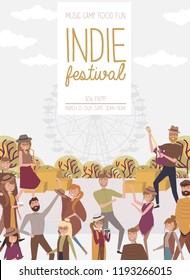 Indie festival poster with people walking, buying meals, taking photo, talking to each other, fun and dance, watch the performance, cartoon flat design. Editable vector illustration