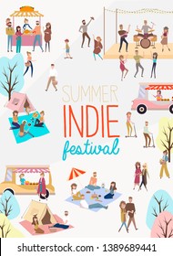 Indie festival poster with people walking, buying meals, talking to each other, fun and dance, watch the performance, cartoon flat design. Editable vector illustration