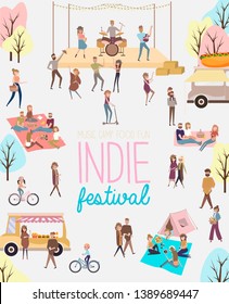 Indie festival poster with people walking, buying meals, talking to each other, fun and dance, watch the performance, cartoon flat design. Editable vector illustration