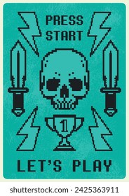 Indie game colorful vintage sticker with old video game interface elements with skull and daggers or cup vector illustration