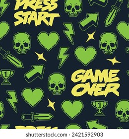 Indie games seamless pattern green for 8-bit games with skull and arrow or lightning near words press start vector illustration