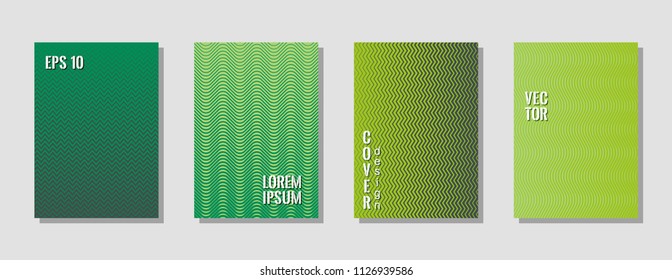 Indie green style zig zag banner templates, wavy lines gradient stripes backgrounds for music party cover. Curve shapes stripes, zig zag edge lines halftone texture gradient flyers set.