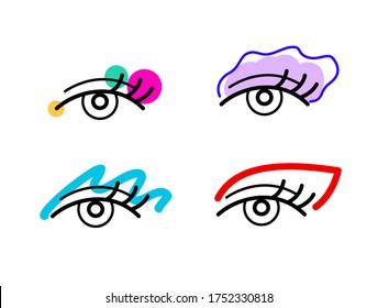 Indie make-up icons or logo elements. Trendy eye make up for creative and artistic girls. Colorful and bright eye shadows and eye liners.