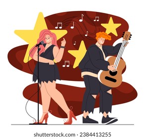 Indie music concept. Woman singer with mic and man guitarist with guitar. Musical band, artists perform at scene and stage. Cartoon flat vector illustration isolated on white background