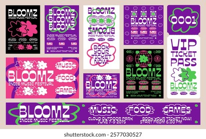 Indie music festival banner template set, Digital poster for social media. Banner bundle. Event poster template for print. Brutalism vector collection