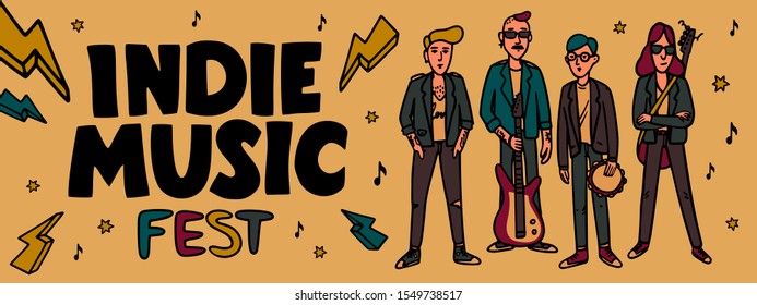 Indie music festival horizontal banner or cover template. IIllustration of musicians and and indie rock fest inscription. Template for banner, card, poster. Vector