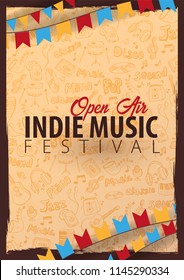 Indie Music Festival. Open Air. Flyer design Template with hand-draw doodle on the background